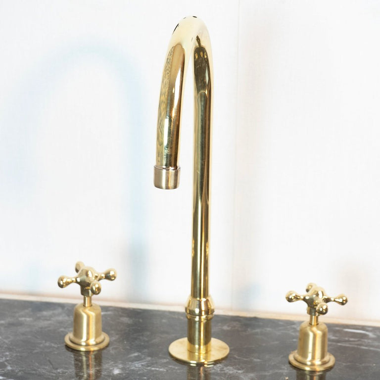 The Bell Widespread Unlacquered Brass Kitchen Faucet, Deck Mounted 3 holes Countertop Faucet The Bell Widespread Unlacquered Brass Kitchen Faucet