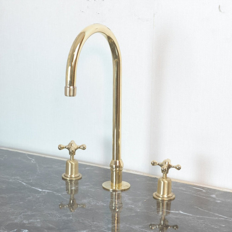 The Bell Widespread Unlacquered Brass Kitchen Faucet, Deck Mounted 3 holes Countertop Faucet The Bell Widespread Unlacquered Brass Kitchen Faucet