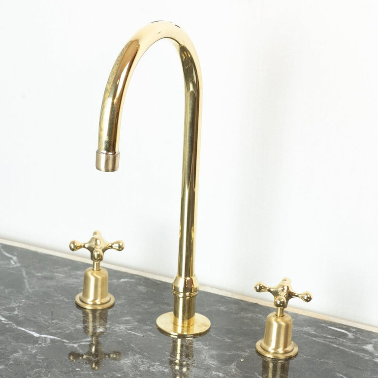 The Bell Widespread Unlacquered Brass Kitchen Faucet, Deck Mounted 3 holes Countertop Faucet The Bell Widespread Unlacquered Brass Kitchen Faucet