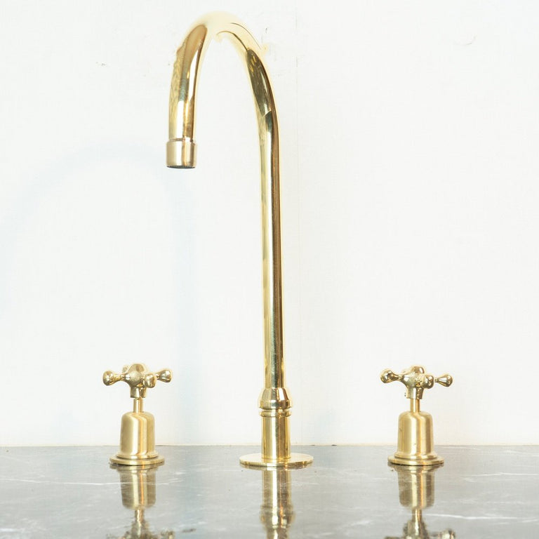 The Bell Widespread Unlacquered Brass Kitchen Faucet, Deck Mounted 3 holes Countertop Faucet The Bell Widespread Unlacquered Brass Kitchen Faucet