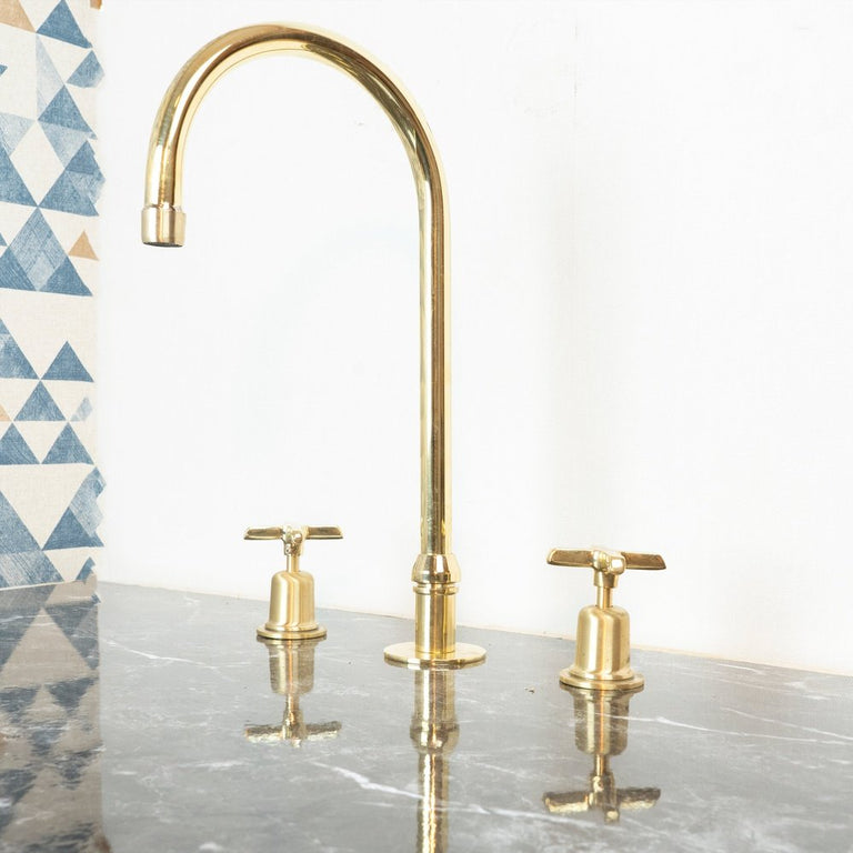 The Bell Widespread Unlacquered Brass Kitchen Faucet, Deck Mounted 3 holes Countertop Faucet The Bell Widespread Unlacquered Brass Kitchen Faucet