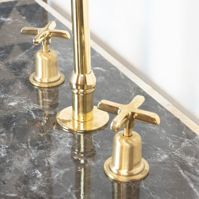 The Bell Widespread Unlacquered Brass Kitchen Faucet, Deck Mounted 3 holes Countertop Faucet The Bell Widespread Unlacquered Brass Kitchen Faucet