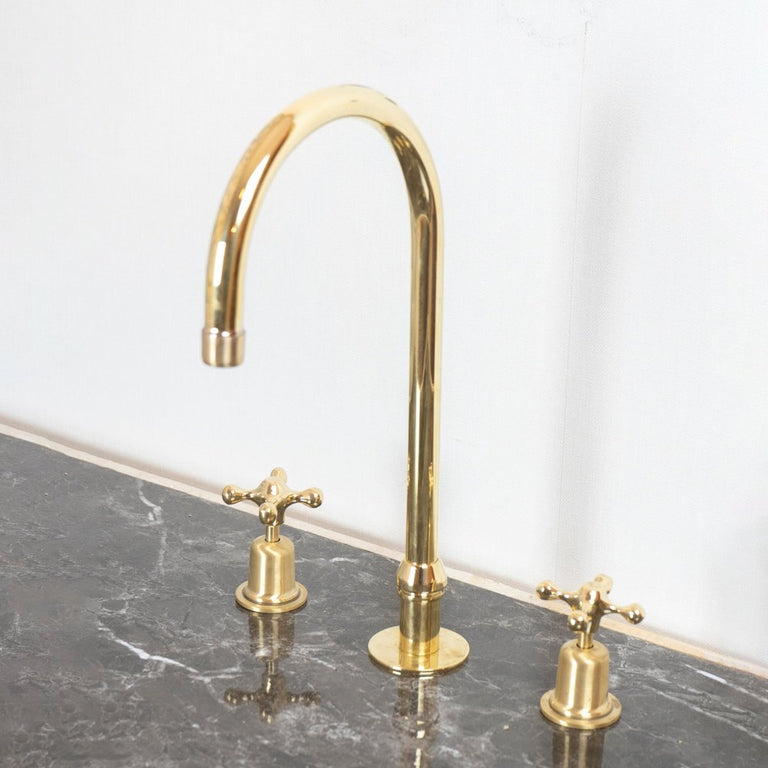 The Bell Widespread Unlacquered Brass Kitchen Faucet, Deck Mounted 3 holes Countertop Faucet The Bell Widespread Unlacquered Brass Kitchen Faucet