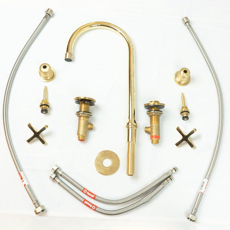 The Bell Widespread Unlacquered Brass Kitchen Faucet, Deck Mounted 3 holes Countertop Faucet The Bell Widespread Unlacquered Brass Kitchen Faucet