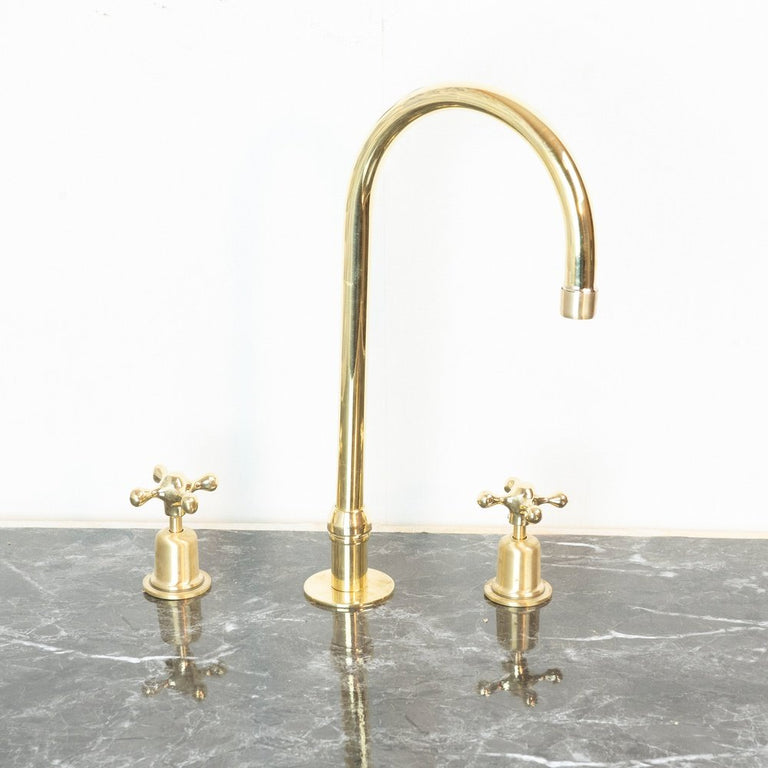 The Bell Widespread Unlacquered Brass Kitchen Faucet, Deck Mounted 3 holes Countertop Faucet The Bell Widespread Unlacquered Brass Kitchen Faucet