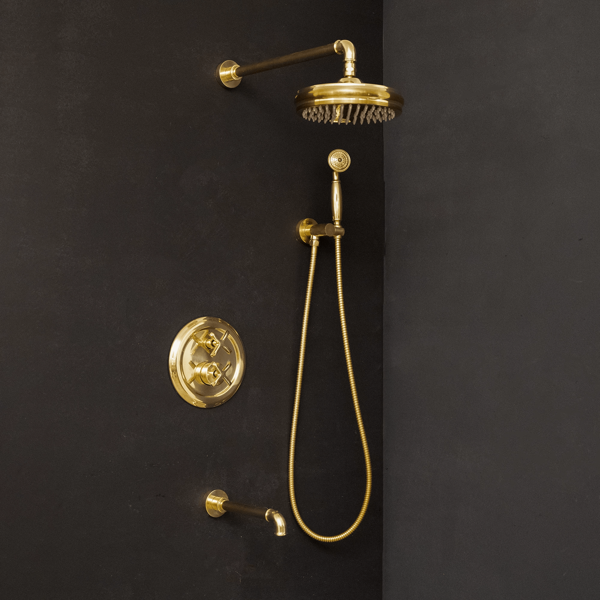 Antique Brass Concealed Shower Head With Arm And Hand Shower Thermostatic Shower Set