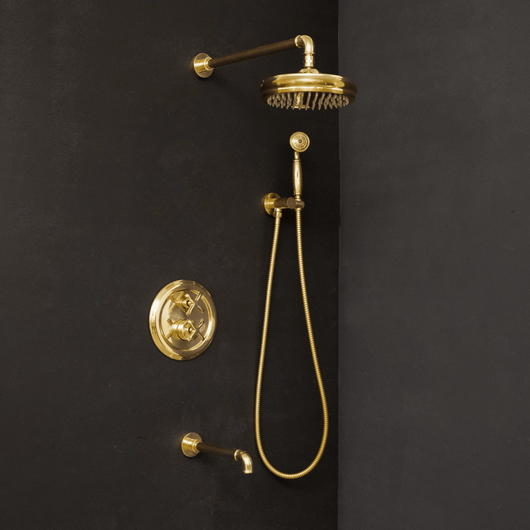 Antique Brass Concealed Shower Head With Arm And Hand Shower Thermostatic Shower Set