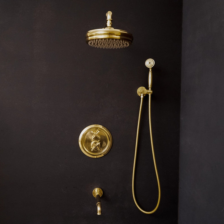 Antique Brass Concealed Shower Head With Arm And Hand Shower Thermostatic Shower Set