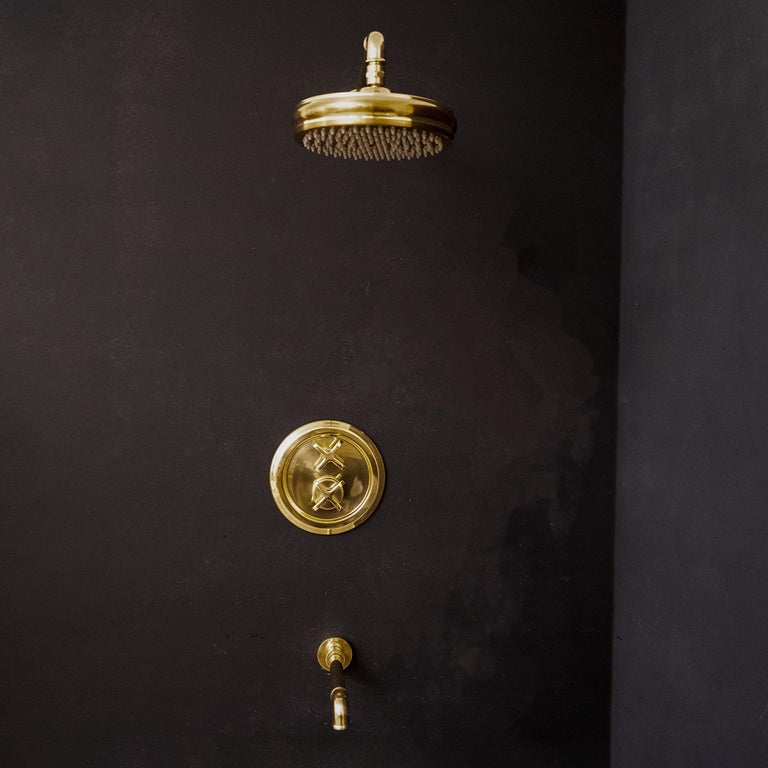 Antique Brass Concealed Shower Head With Arm And Hand Shower Thermostatic Shower Set