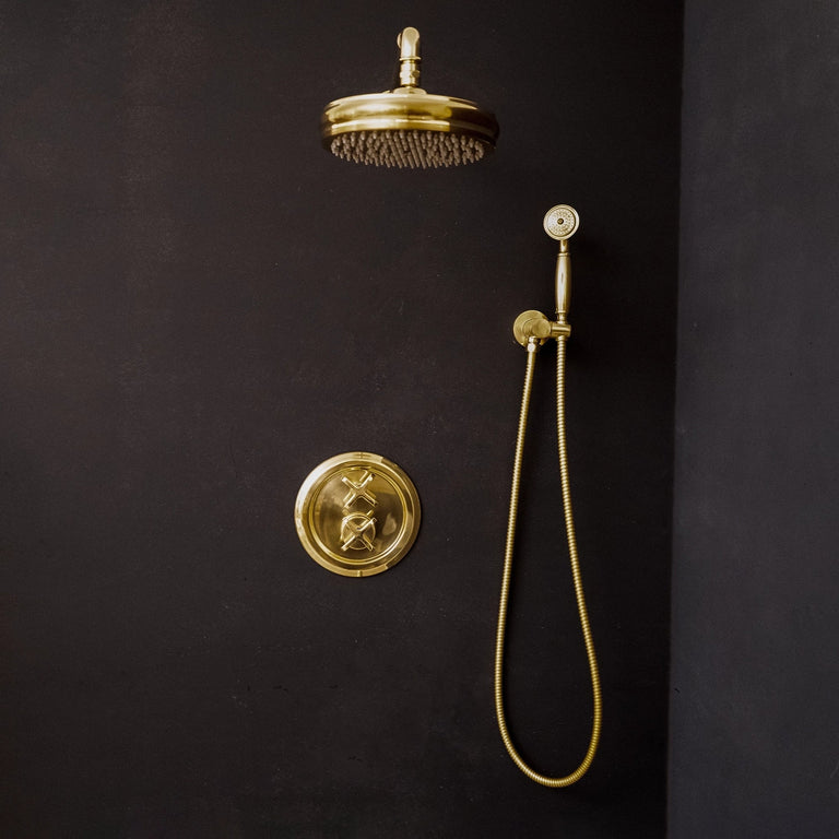 Antique Brass Concealed Shower Head With Arm And Hand Shower Thermostatic Shower Set