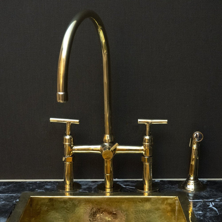 3 Holes Kitchen Bridge Faucet With Straight Lever Handle And Side Sprayer, Three Legs Bridge Kitchen Faucet With Diverter StreamLux Kitchen Faucet