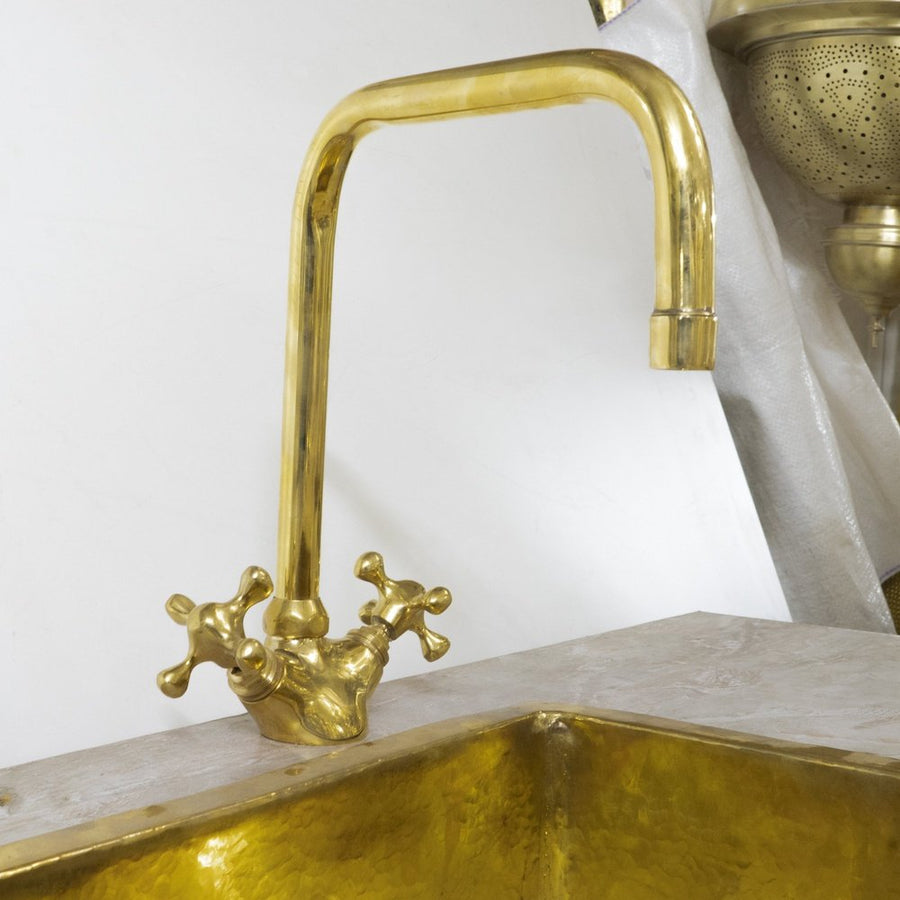 Bathroom and Kitchen Brass Faucet, Tap Kitchen Faucet With Cross Handles Unlacquered Brass Bathroom Faucet