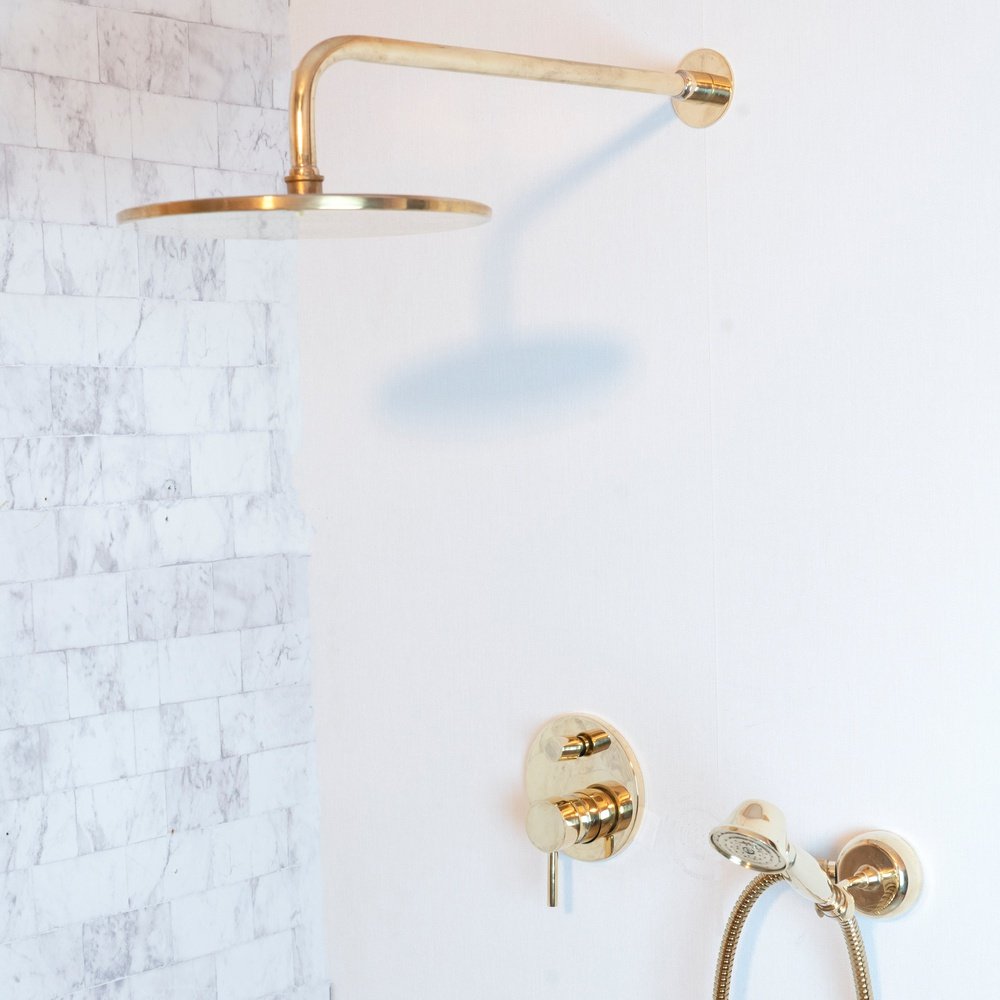 Antique Brass Concealed Shower Head With Arm And Hand Shower PrimeFlow Concealed Shower