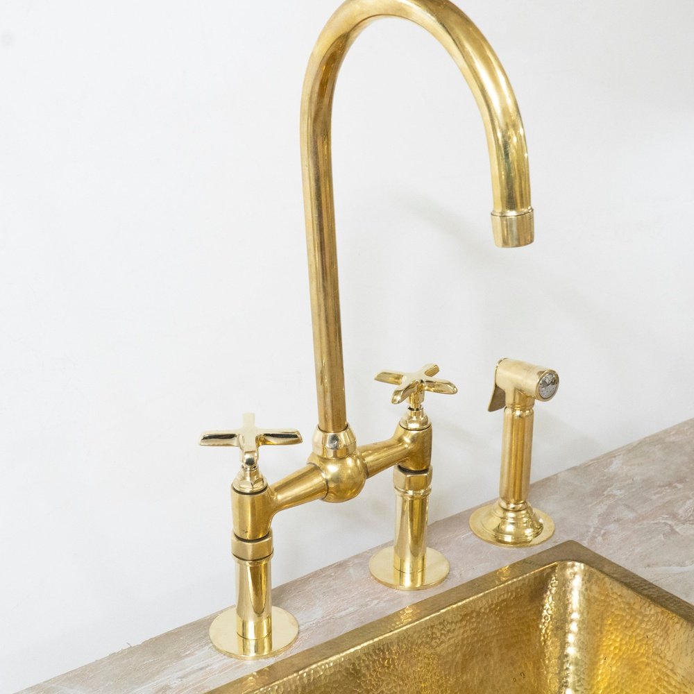 Unlacquered Brass Bridge Faucet With Hand Sprayer - Brassna