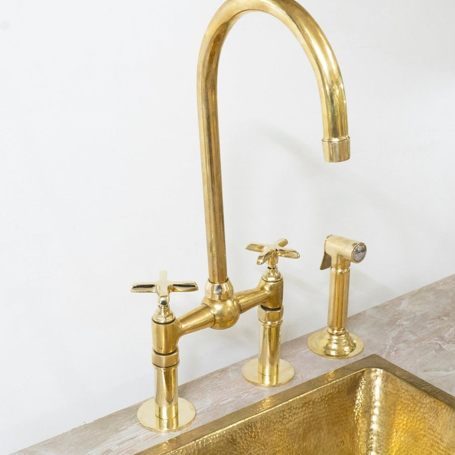 Unlacquered Brass Bridge Faucet With Hand Sprayer - Brassna