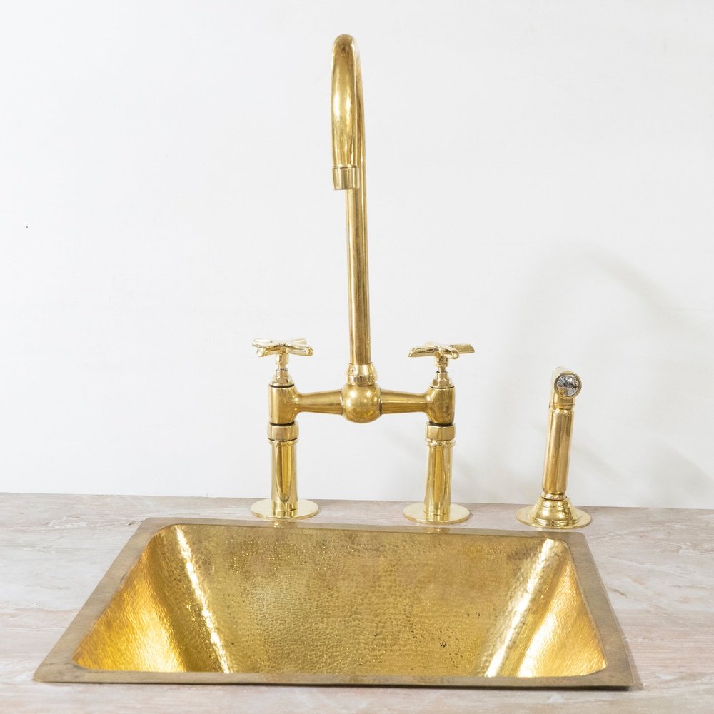Unlacquered Brass Bridge Faucet With Hand Sprayer - Brassna