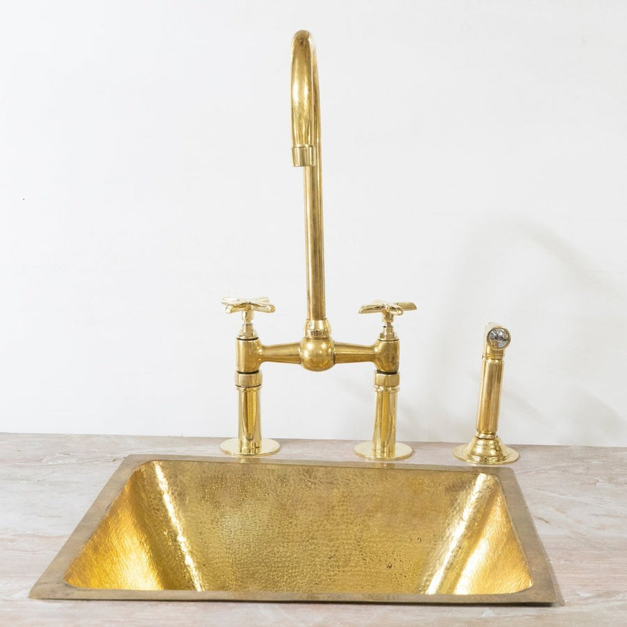 Unlacquered Brass Bridge Faucet With Hand Sprayer - Brassna