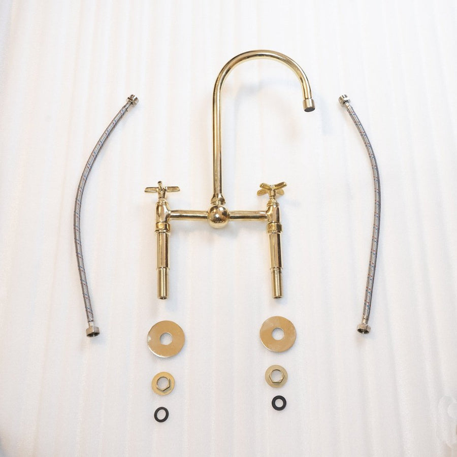 Unlacquered Brass Bridge Faucet With Hand Sprayer - Brassna