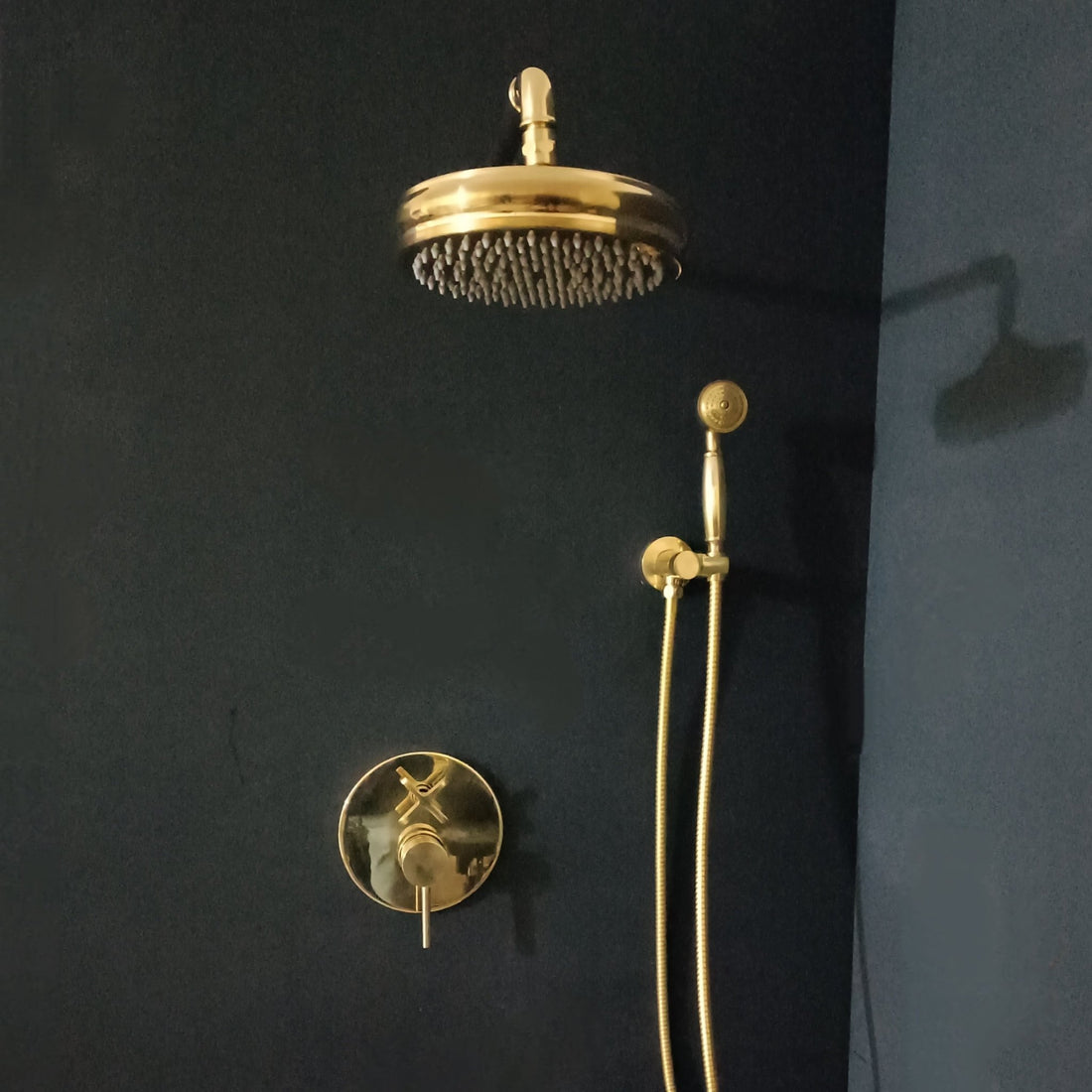 Unlacquered Brass Concealed Shower with cross handle - Brassna