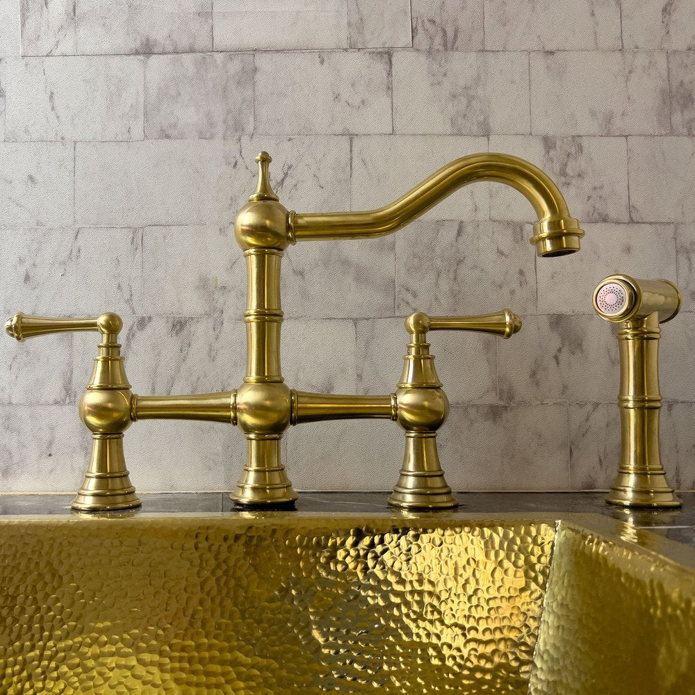 Brass Deck Mount Column Spout 3 Leg Bridge Kitchen Faucet With Sidespray, kitchen faucets, sink faucet, kitchen faucet sink Brass Deck Mount 3 Leg