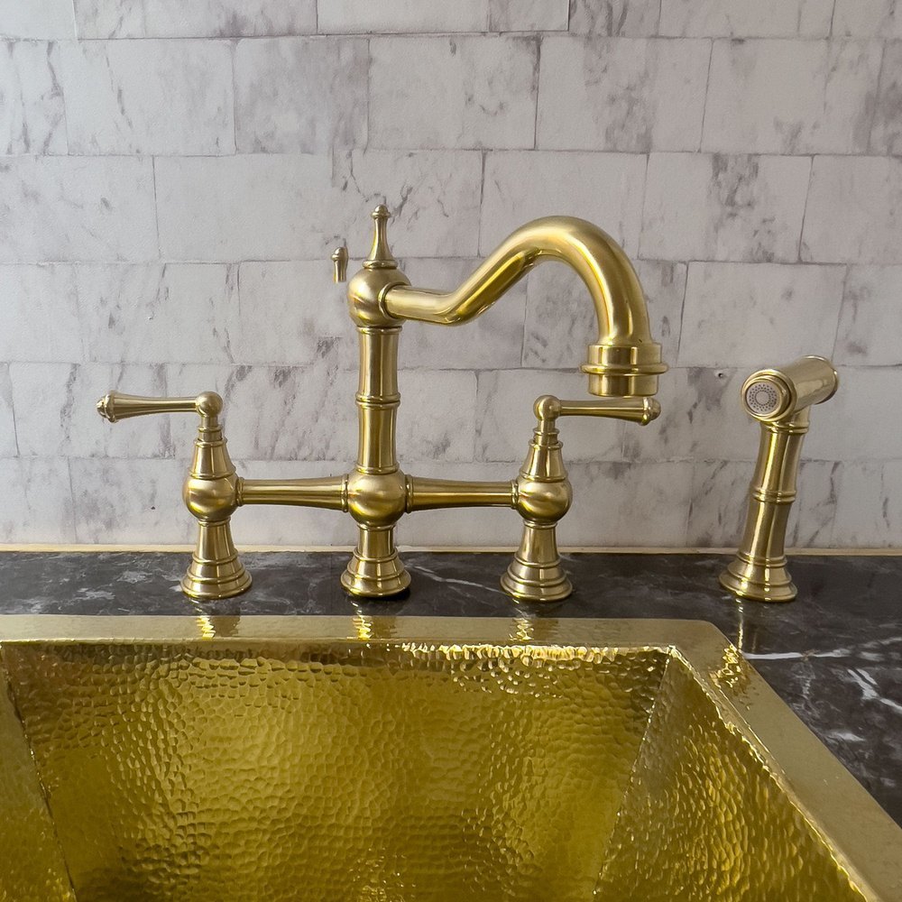Brass Deck Mount Column Spout 3 Leg Bridge Kitchen Faucet With Sidespray, kitchen faucets, sink faucet, kitchen faucet sink Brass Deck Mount 3 Leg