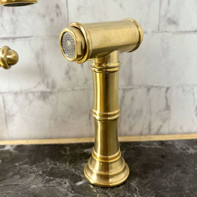 Brass Deck Mount Column Spout 3 Leg Bridge Kitchen Faucet With Sidespray, kitchen faucets, sink faucet, kitchen faucet sink Brass Deck Mount 3 Leg