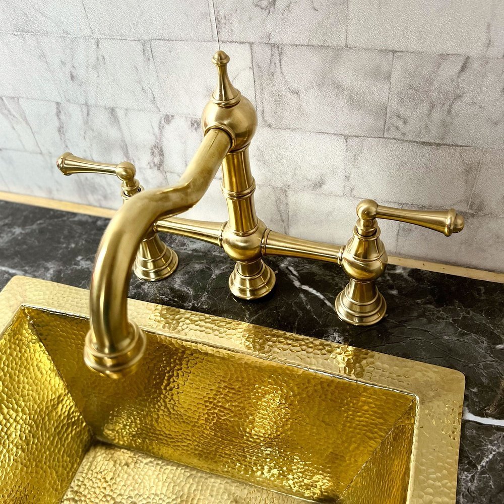 Brass Deck Mount Column Spout 3 Leg Bridge Kitchen Faucet With Sidespray, kitchen faucets, sink faucet, kitchen faucet sink Brass Deck Mount 3 Leg