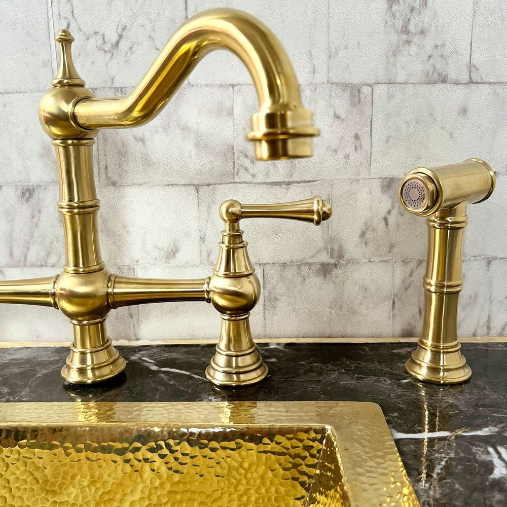 Brass Deck Mount Column Spout 3 Leg Bridge Kitchen Faucet With Sidespray, kitchen faucets, sink faucet, kitchen faucet sink Brass Deck Mount 3 Leg