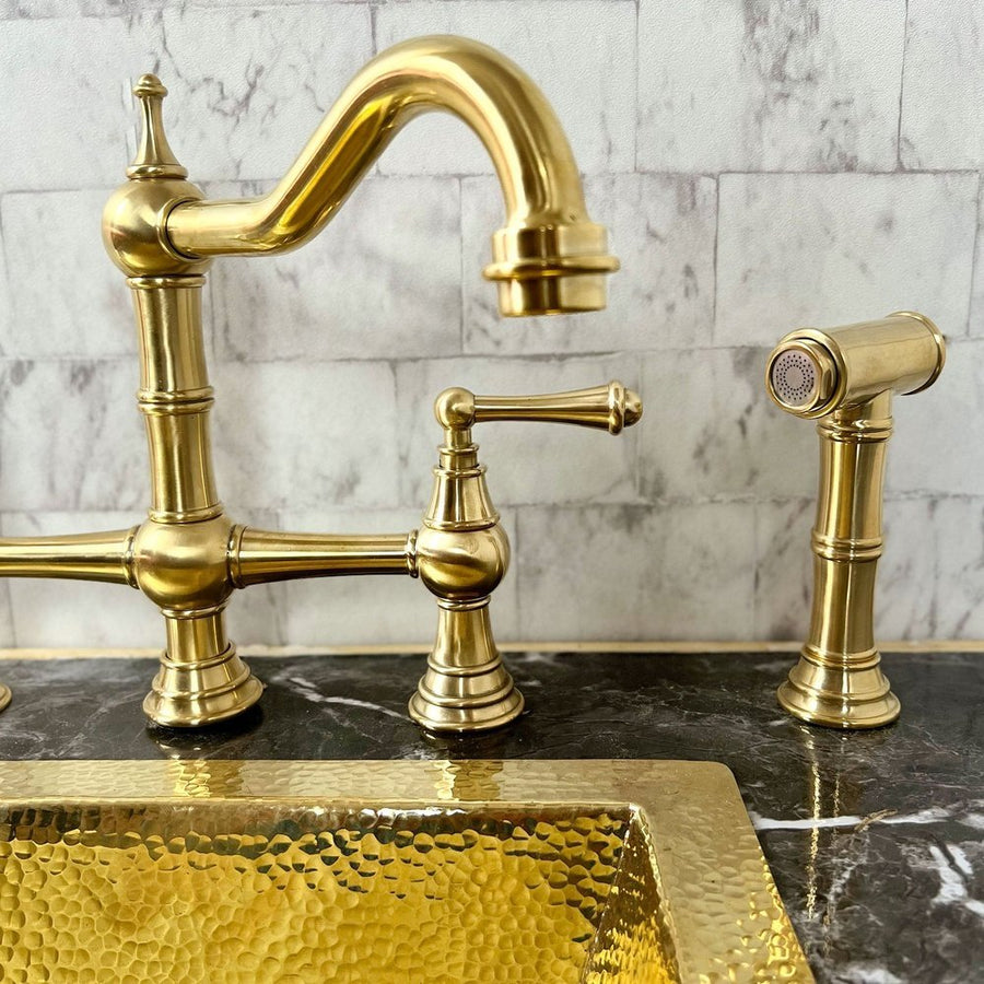 Brass Deck Mount Column Spout 3 Leg Bridge Kitchen Faucet With Sidespray, kitchen faucets, sink faucet, kitchen faucet sink Brass Deck Mount 3 Leg
