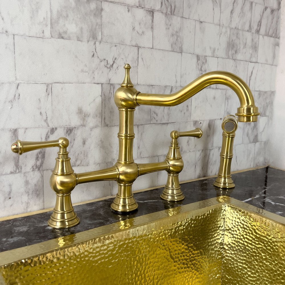 Brass Deck Mount Column Spout 3 Leg Bridge Kitchen Faucet With Sidespray, kitchen faucets, sink faucet, kitchen faucet sink Brass Deck Mount 3 Leg