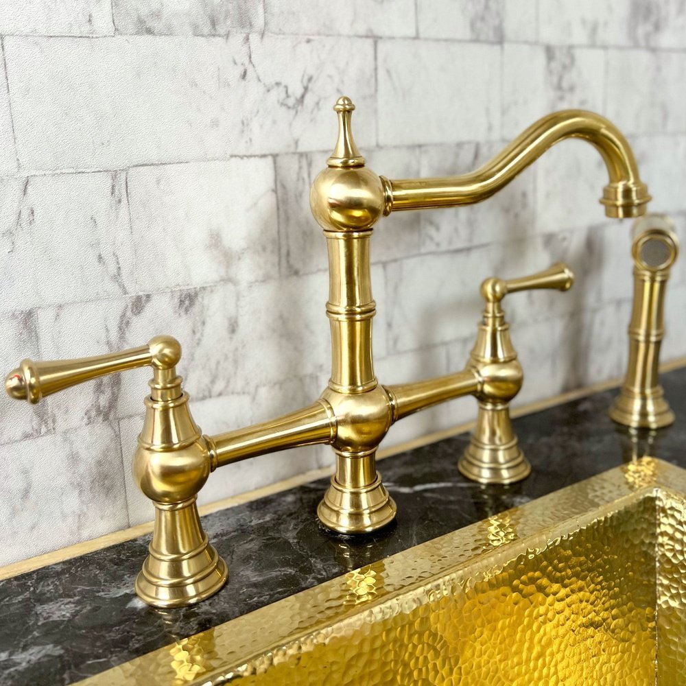 Brass Deck Mount Column Spout 3 Leg Bridge Kitchen Faucet With Sidespray, kitchen faucets, sink faucet, kitchen faucet sink Brass Deck Mount 3 Leg