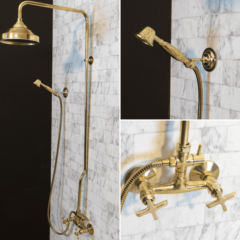 Unlacquered Brass Exposed shower Head with Handheld, Brass Shower System, Dome Shower Head Glamour Shower Set