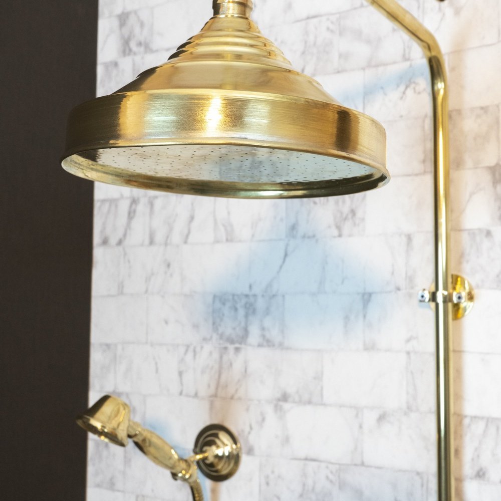 Unlacquered Brass Exposed shower Head with Handheld, Brass Shower System, Dome Shower Head Glamour Shower Set