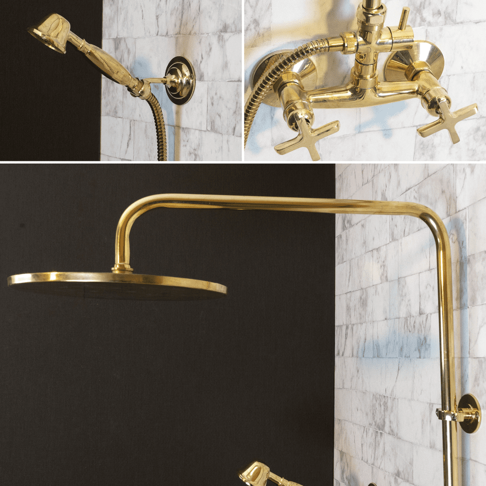 Unlacquered Brass Exposed Shower System for Indoor or Outdoor Use