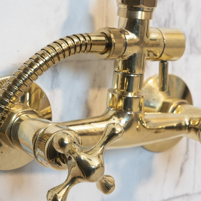 Unlacquered Brass Exposed shower Head with Handheld, Brass Shower System, Dome Shower Head AquaGlide Shower Set