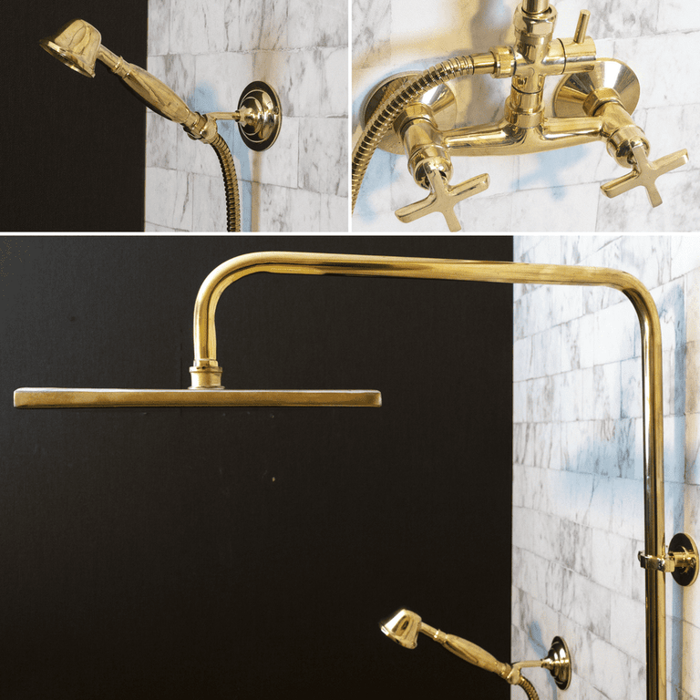 Unlacquered Brass Exposed shower Head with Handheld, Brass Shower System, Dome Shower Head AquaGlide Shower Set