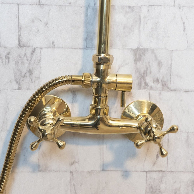 Unlacquered Brass Exposed shower Head with Handheld, Brass Shower System, Dome Shower Head AquaGlide Shower Set