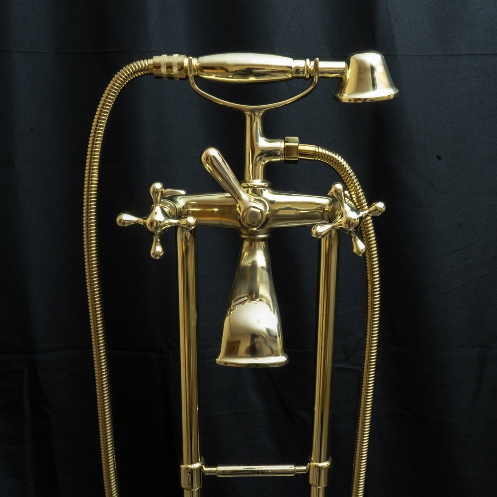 Unlacquered Brass Floor Mount Bath Tub Filler, Brass Bathroom Free Standing Clawfoot Bathtub Faucet With Telephone Hand Shower Unlacquered Brass Floor Mount Bath Tub Filler