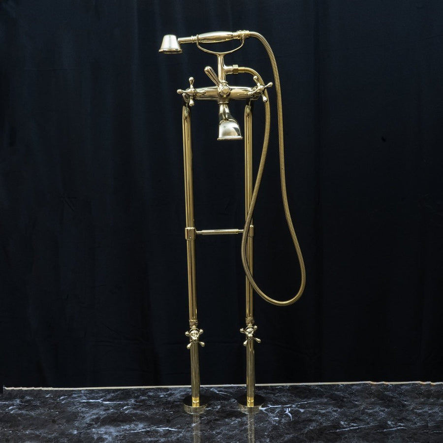 Unlacquered Brass Floor Mount Bath Tub Filler, Brass Bathroom Free Standing Clawfoot Bathtub Faucet With Telephone Hand Shower Unlacquered Brass Floor Mount Bath Tub Filler