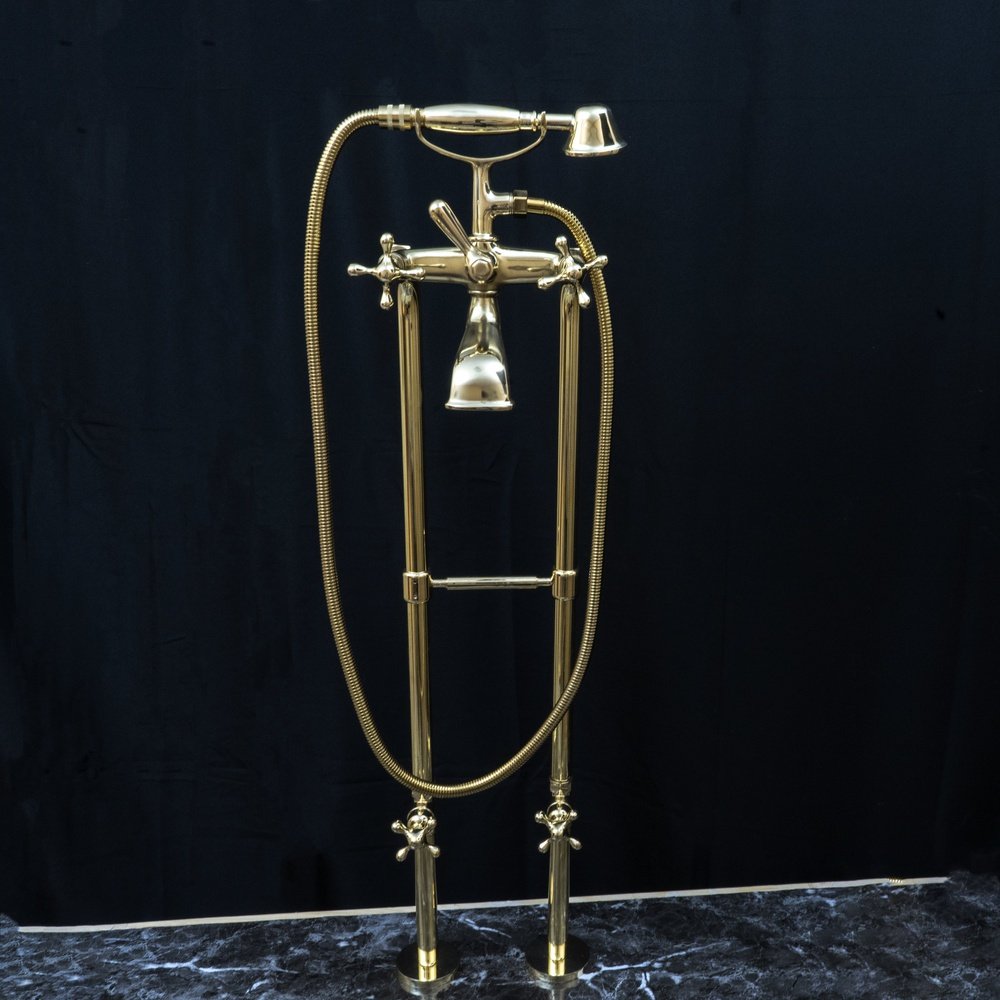 Unlacquered Brass Floor Mount Bath Tub Filler, Brass Bathroom Free Standing Clawfoot Bathtub Faucet With Telephone Hand Shower Unlacquered Brass Floor Mount Bath Tub Filler