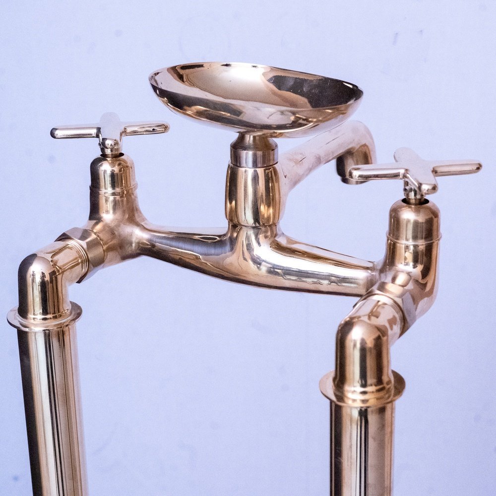 Unlacquered Brass Floor Mount Bath Tub Filler, Brass Bathroom Free Standing Clawfoot Bathtub Faucet With Brass soap holder Bangkok Tub Filler