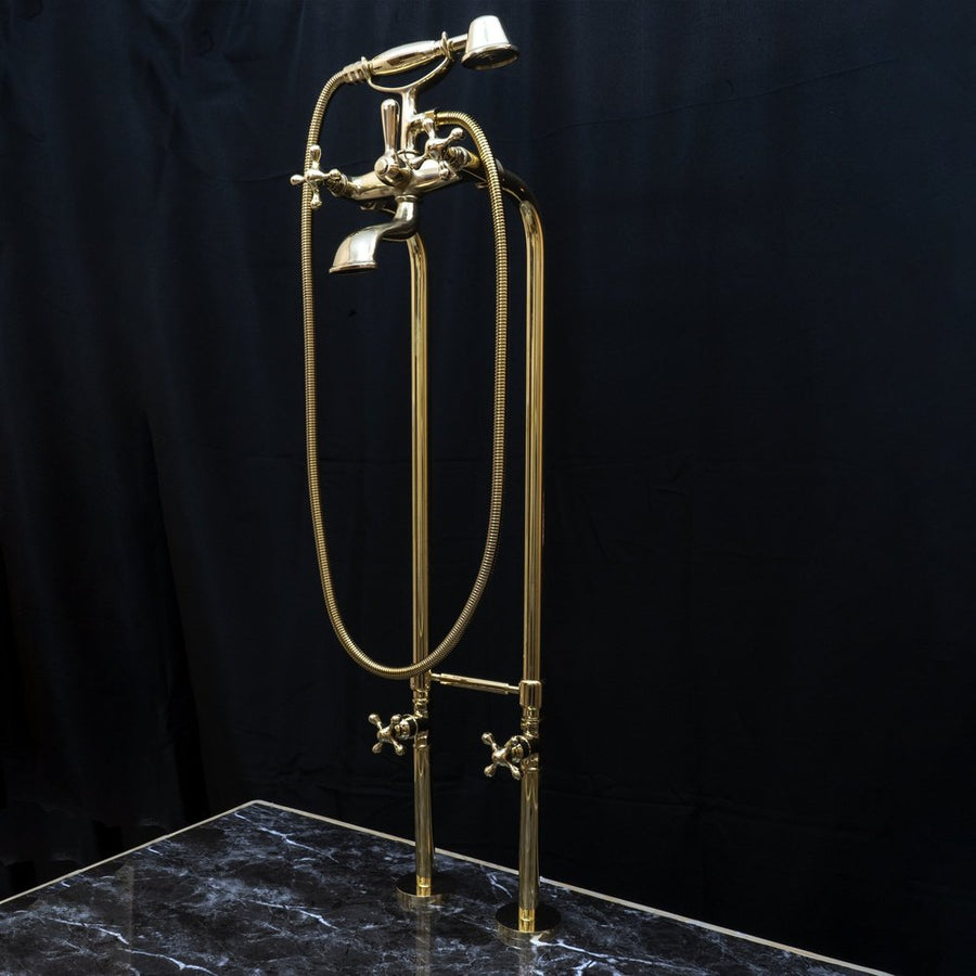 Unlacquered Brass Floor Mount Bath Tub Filler, Brass Bathroom Free Standing Clawfoot Bathtub Faucet With Telephone Hand Shower Unlacquered Brass Floor Mount Bath Tub Filler