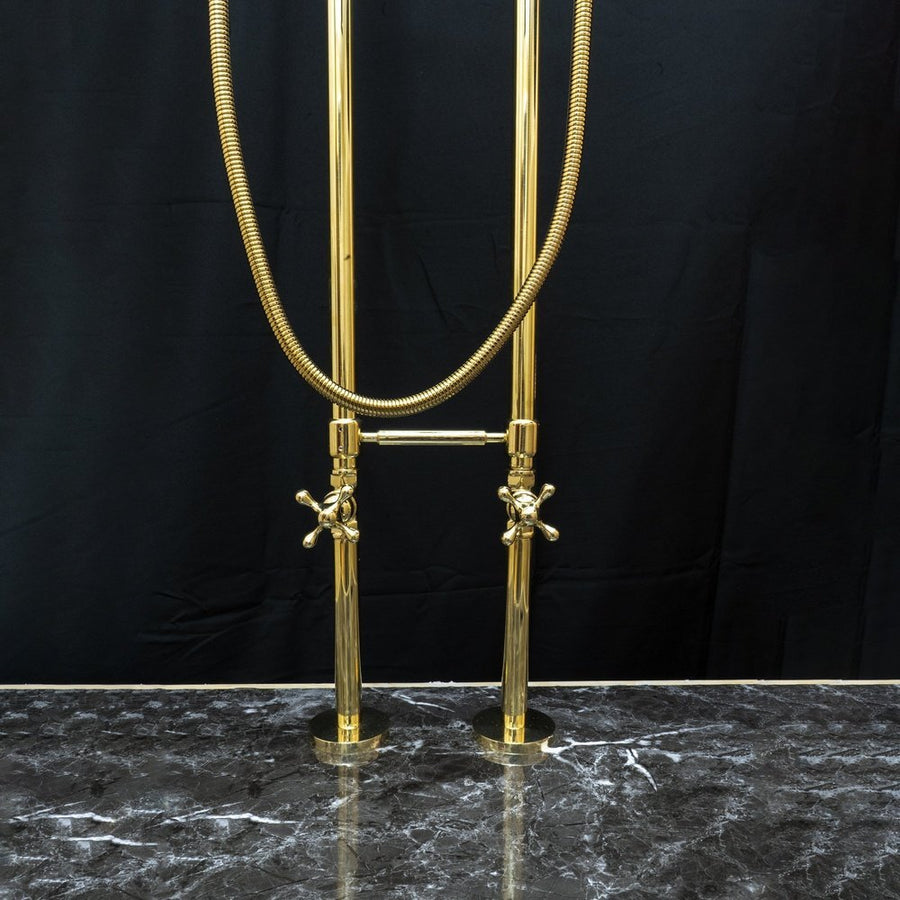 Unlacquered Brass Floor Mount Bath Tub Filler, Brass Bathroom Free Standing Clawfoot Bathtub Faucet With Telephone Hand Shower Unlacquered Brass Floor Mount Bath Tub Filler