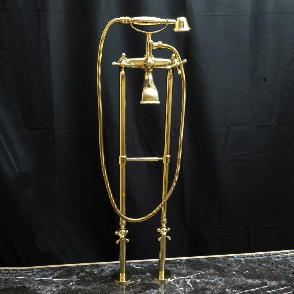 Unlacquered Brass Floor Mount Bath Tub Filler, Brass Bathroom Free Standing Clawfoot Bathtub Faucet With Telephone Hand Shower Unlacquered Brass Floor Mount Bath Tub Filler