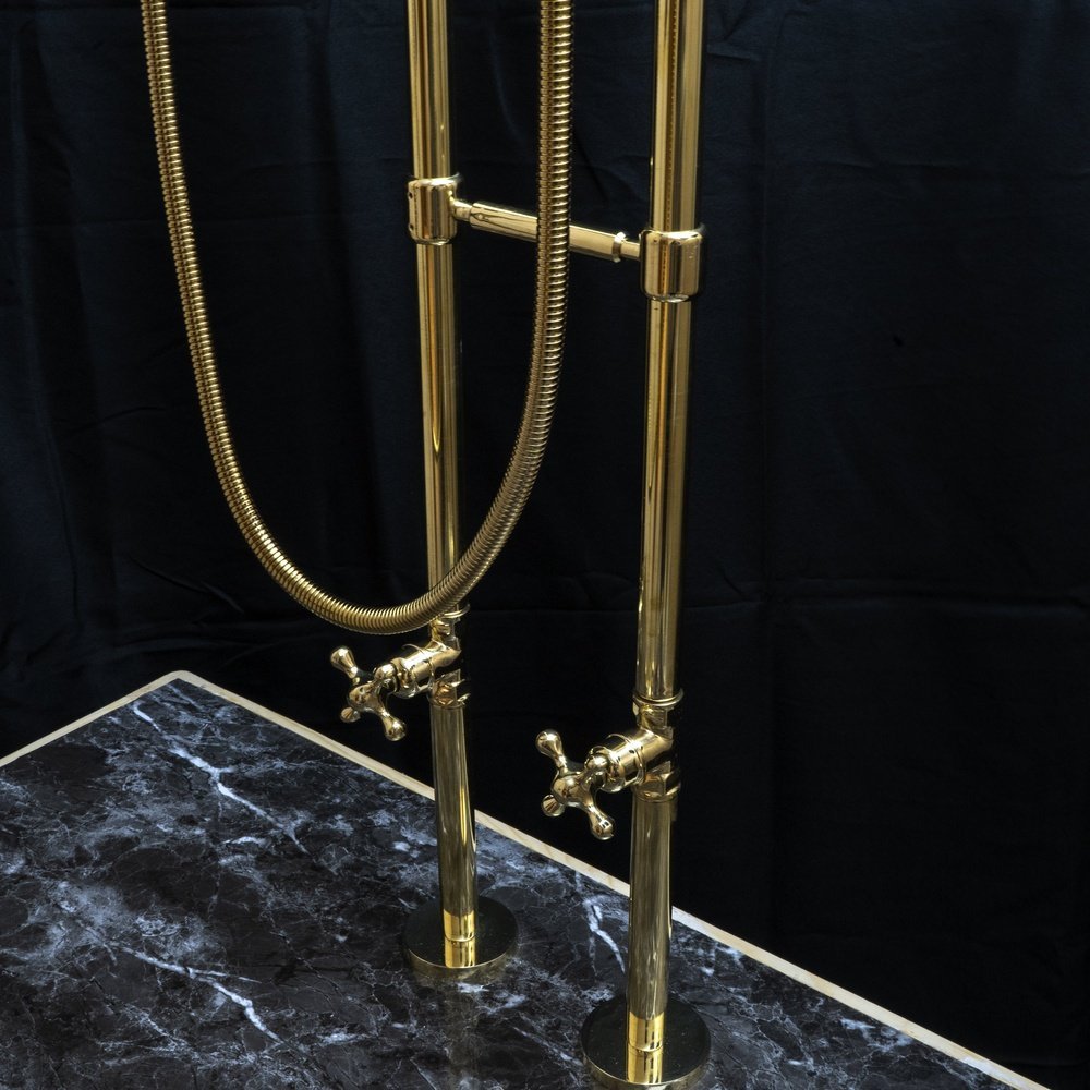 Unlacquered Brass Floor Mount Bath Tub Filler, Brass Bathroom Free Standing Clawfoot Bathtub Faucet With Telephone Hand Shower Unlacquered Brass Floor Mount Bath Tub Filler