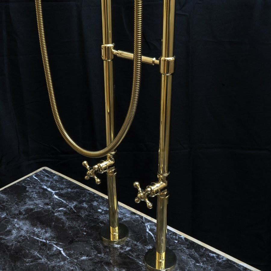 Unlacquered Brass Floor Mount Bath Tub Filler, Brass Bathroom Free Standing Clawfoot Bathtub Faucet With Telephone Hand Shower Unlacquered Brass Floor Mount Bath Tub Filler