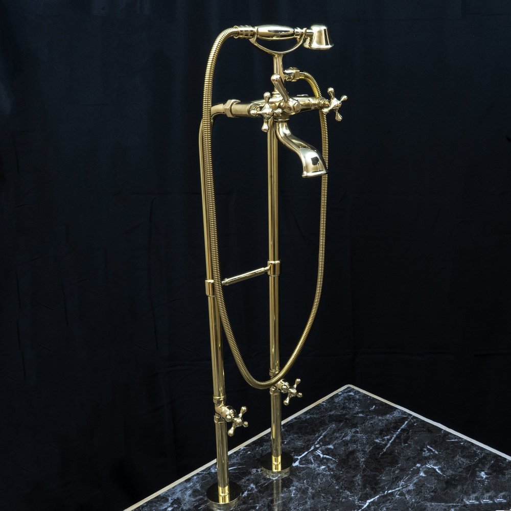 Unlacquered Brass Floor Mount Bath Tub Filler, Brass Bathroom Free Standing Clawfoot Bathtub Faucet With Telephone Hand Shower Unlacquered Brass Floor Mount Bath Tub Filler