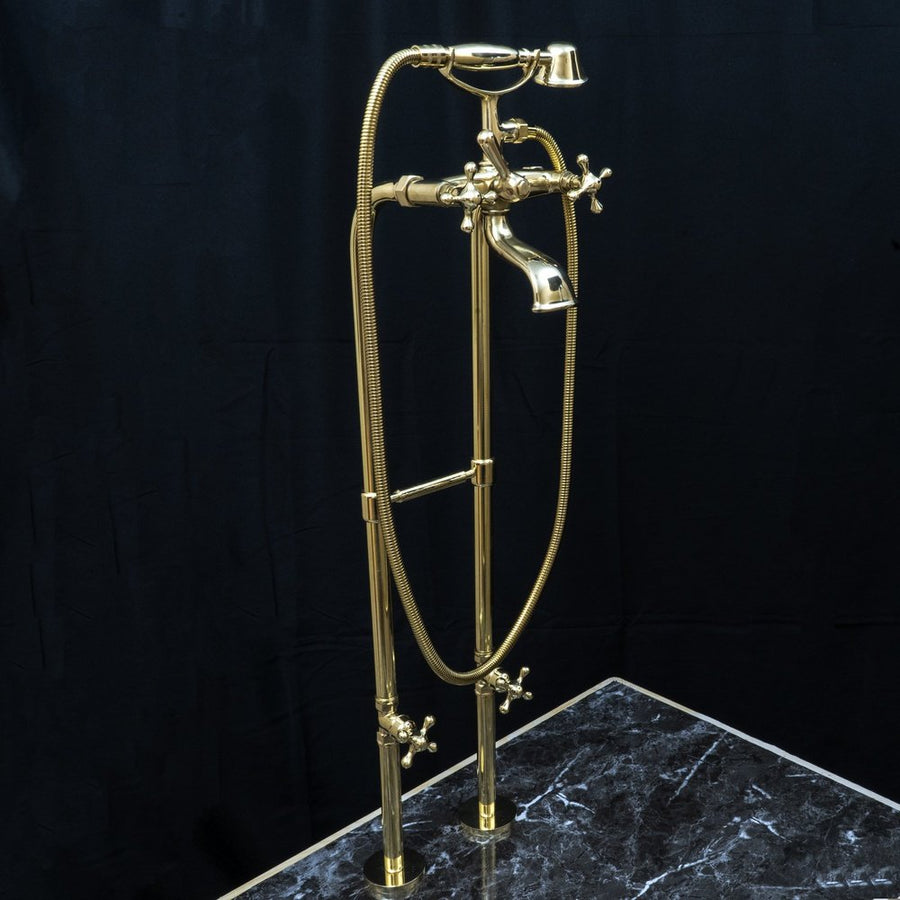 Unlacquered Brass Floor Mount Bath Tub Filler, Brass Bathroom Free Standing Clawfoot Bathtub Faucet With Telephone Hand Shower Unlacquered Brass Floor Mount Bath Tub Filler