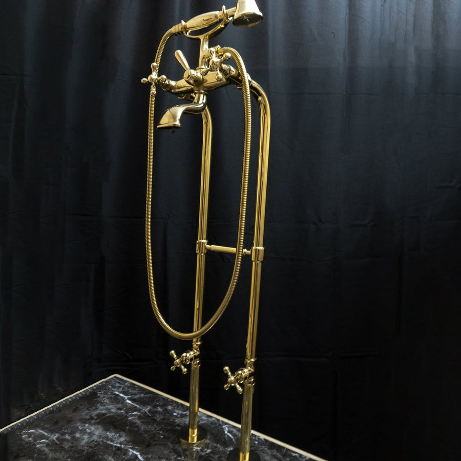 Unlacquered Brass Floor Mount Bath Tub Filler, Brass Bathroom Free Standing Clawfoot Bathtub Faucet With Telephone Hand Shower Unlacquered Brass Floor Mount Bath Tub Filler
