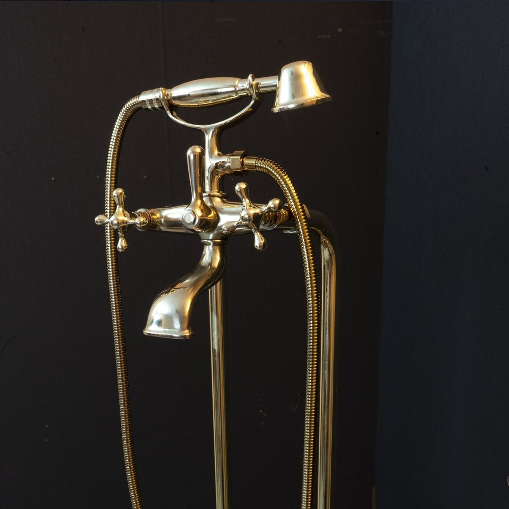Unlacquered Brass Floor Mount Bath Tub Filler, Brass Bathroom Free Standing Clawfoot Bathtub Faucet With Telephone Hand Shower Unlacquered Brass Floor Mount Bath Tub Filler